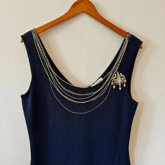 St. John Evening Embellished Black Dress with Necklace Size 6 - Picture 3 of 8